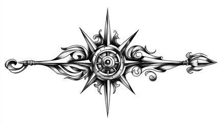 Fototapeta premium Detailed symmetrical tattoo design of wings, showcasing intricate feather work in black and white