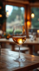 White wine in glass on a rustic wooden table