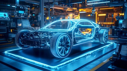 Fototapeta premium Futuristic A cutting-edge electric vehicle chassis displayed on an advanced, high-tech factory floor. The chassis features glowing components, and the factory is filled with holographic