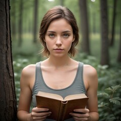 Fototapeta premium une jeune femme lit un livre dans la forêt