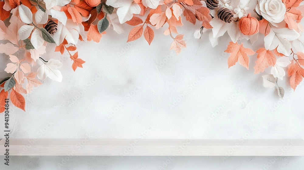 Canvas Prints a close-up of a wooden shelf with flowers on both sides at the bottom of the image