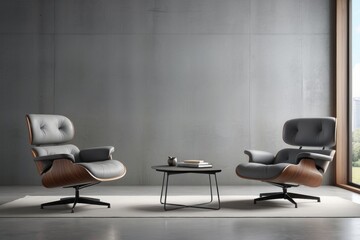 Two Mid-Century Modern Leather Armchairs with Wooden Base and a Black Coffee Table in a Minimalist Setting