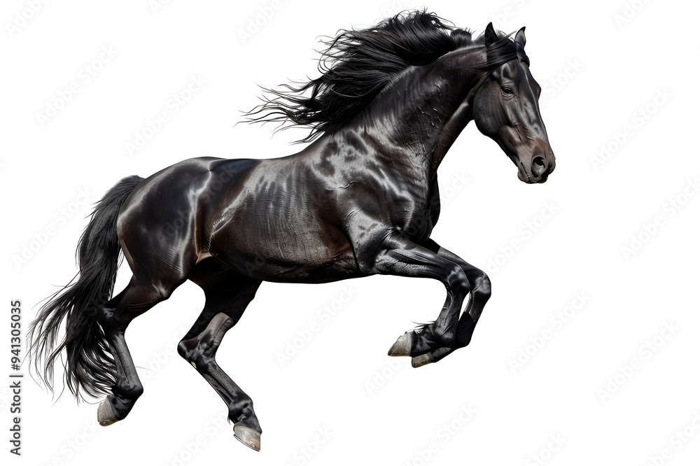 Wall mural a majestic black horse in mid-leap, showcasing its strength and grace.