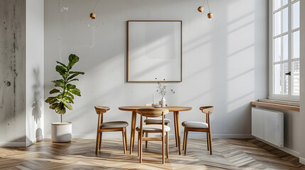 A minimalist dining area with a simple wooden table, four chairs with clean lines, and a single piece of art on the wall, emphasizing functionality and beauty through simplicity