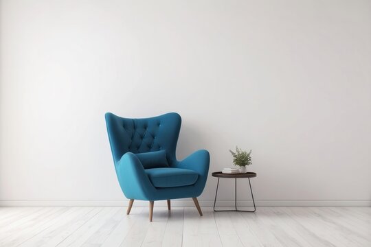 Blue armchair in a minimalist white living room