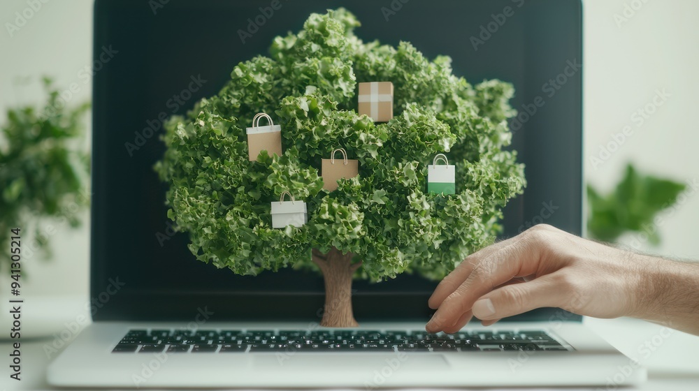 Aufkleber digital reality: hand reaching from computer screen to pick products from surreal tree in virtual wo