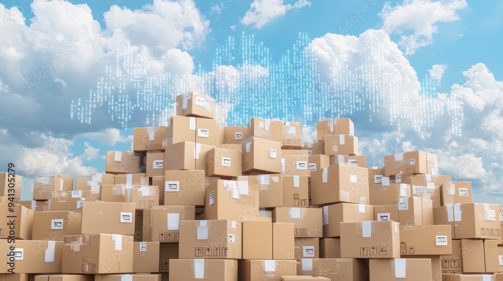 Aufkleber digitized urban commerce: city skyline of shipping boxes amid binary code clouds symbolizing e-comme