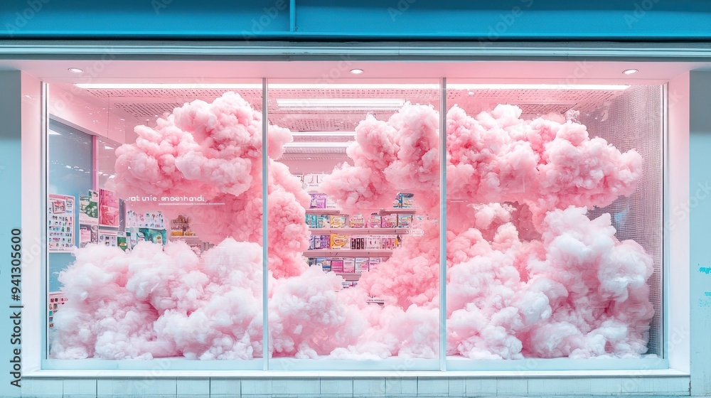 Poster digital dreams: surreal e-commerce storefront with currency clouds and shifting product images, gene