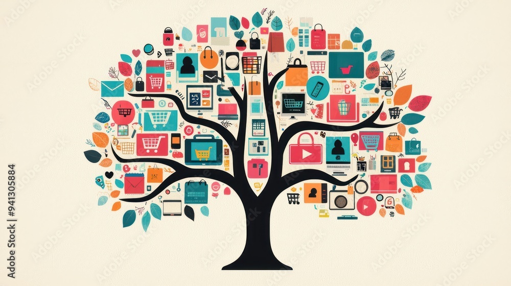 Poster digital tree of e-commerce: surreal concept with branches as online storefronts showcasing diverse p