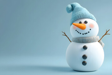 3d cartoon Happy snowman wearing a scarf and hat isolated on blue background