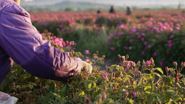 Rose harvest. Blossoms are distilled to produce of attar, or rose oil