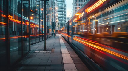 Fototapeta premium A photograph of an electric train moving rapidly through the city, with buildings on both sides