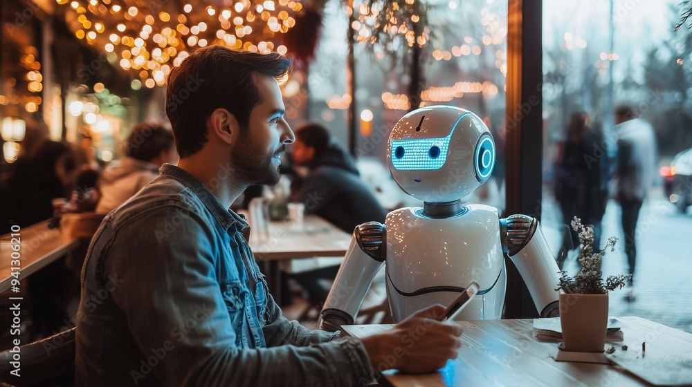 Poster a man interacts with a humanoid robot in a cozy cafe, symbolizing ai communication and support in ev