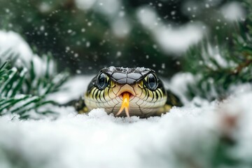 Fototapeta premium A cute little snake in a winter forest with snow and icicles is the symbol of the year 2025.