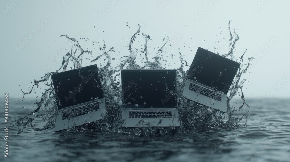Aufkleber digital chaos: laptops in stormy clouds with tangled wires, symbolizing business productivity and ov