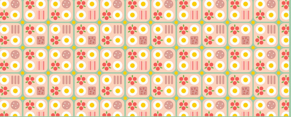 Kitchen Pattern with fried eggs, cherry tomatoes, arugula and sausage. Vector seamless background with breakfast theme. For textile, fabric, wallpaper, packaging.