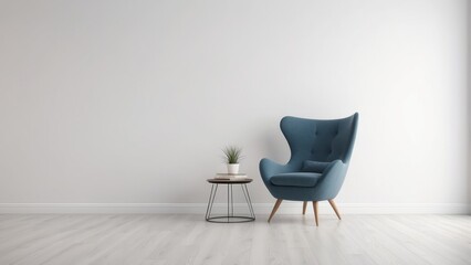 Blue Armchair in Minimalist White Room with Side Table