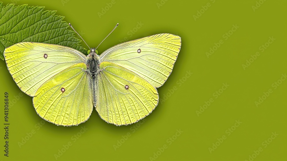 Poster a macro shot of a butterfly perched on a verdant backdrop with a foliage element in the focal point 