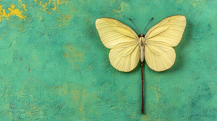   A large, yellow butterfly rests atop a lush green wall and is perched beside a twig with yellow markings on its wings