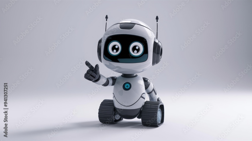 Poster 3d rendering of a small, cute artificial intelligence robot with a cartoon character design, pointin