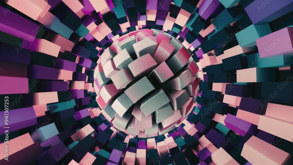 Poster 3d rendering of a spherical shape surrounded by abstract blocks. vibrant dynamic background design.