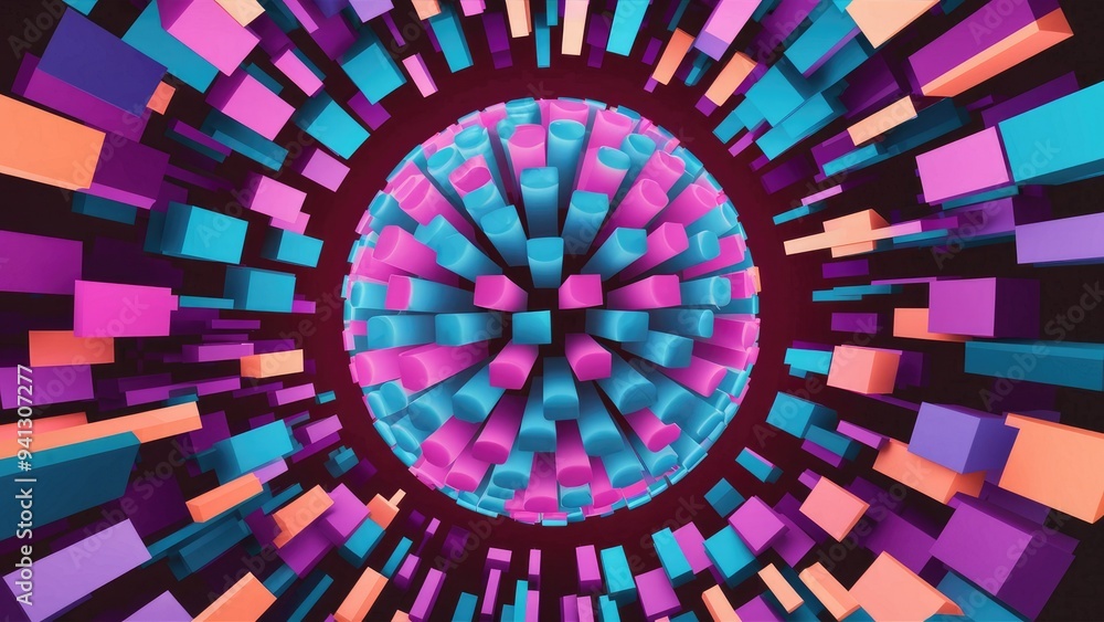 Poster 3d rendering of a spherical shape surrounded by abstract blocks. vibrant dynamic background design.