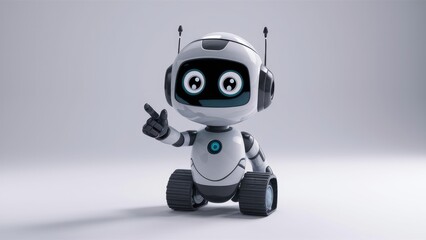 3D rendering of a small, cute artificial intelligence robot with a cartoon character design, pointing a finger, isolated on a white background.