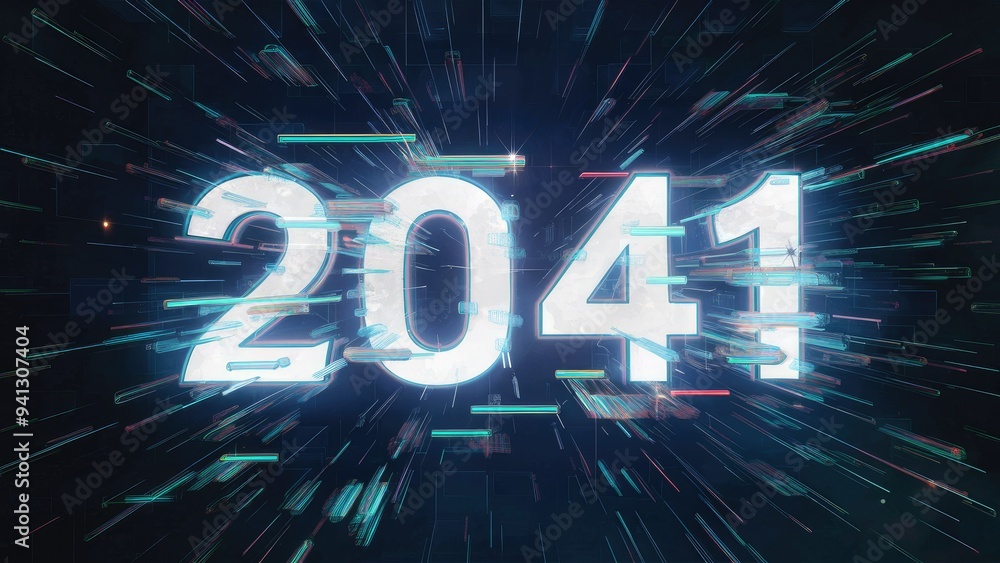 Poster 3d rendering of futuristic 2041 text featuring visual effects of technological malfunctions, showcas