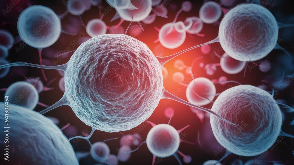 Poster 3d rendering of human cells with a focus on embryonic stem cells in a microscopic view.