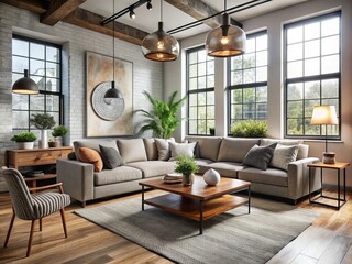 Cozy modern living room renovation combining neutral color palette with industrial style furniture and statement lighting