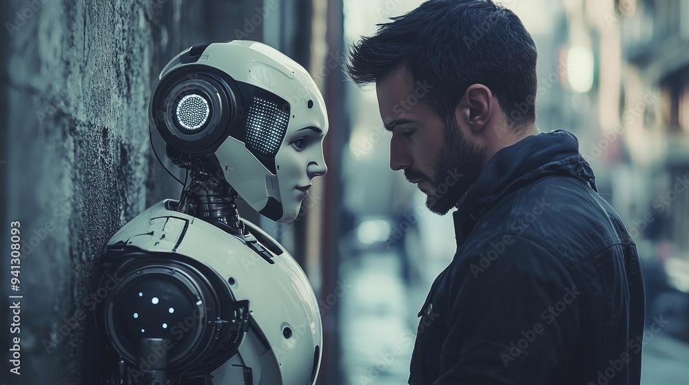 Poster a man and a humanoid robot face each other, symbolizing human-robot communication and interaction.