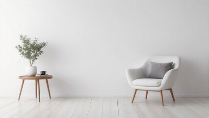 White Armchair and Side Table with Plant in Minimalist Interior