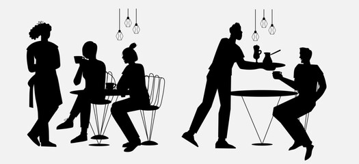Silhouette image of a scene in a cafe or coffee shop. People sitting in cafe, chatting, and waitress taking order, outline graphic vector illustration on white background.