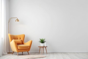 Minimalist Living Room Interior with Yellow Armchair and Plant