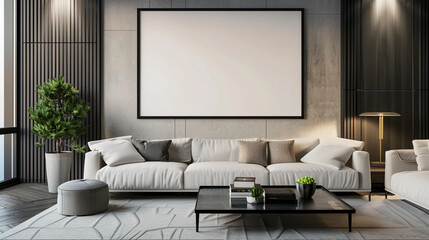 Neutral interior with a large empty picture frame