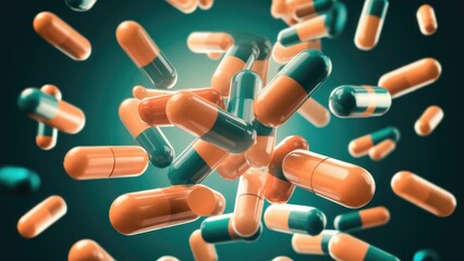 Abstract 3D background featuring gently floating capsules. Dynamic movement of colliding pills and capsules with a biomedical theme. 3D rendering effect.