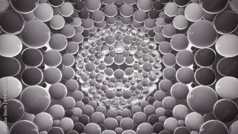 Poster abstract 3d background with bubble patterns and transparent circular shapes in gray and white gradie