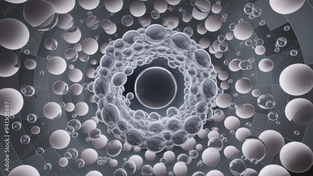 Poster abstract 3d background with bubble patterns and transparent circular shapes in gray and white gradie