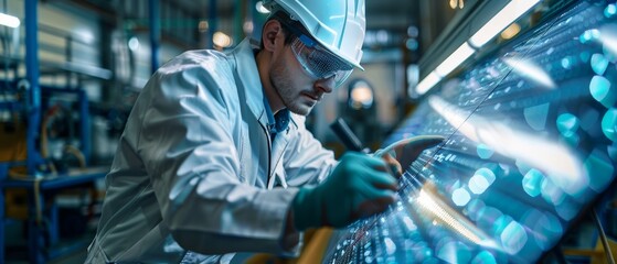 Engineer developing a photovoltaic solar panel with modern machine