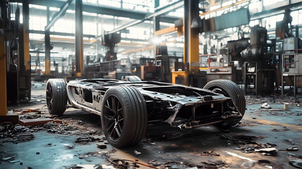 Industrial A gritty, realistic depiction of an electric vehicle chassis on a factory floor with visible wear and tear. The factory is filled with machinery, metal shavings