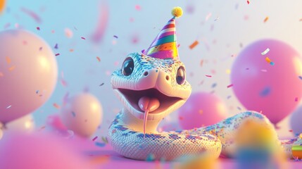 Cartoon snake wearing a party hat and surrounded by confetti and balloons celebrating the New Year of 2025.