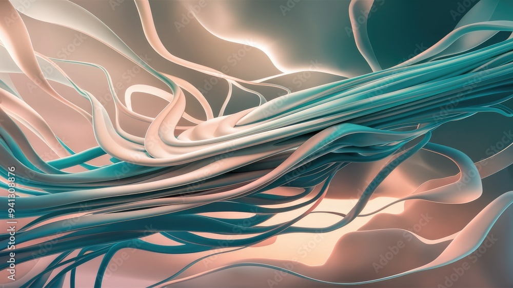 Poster abstract 3d rendering of flowing white and blue lines on a soft background