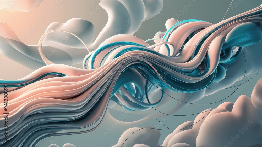 Poster abstract 3d rendering of flowing white and blue lines on a soft background