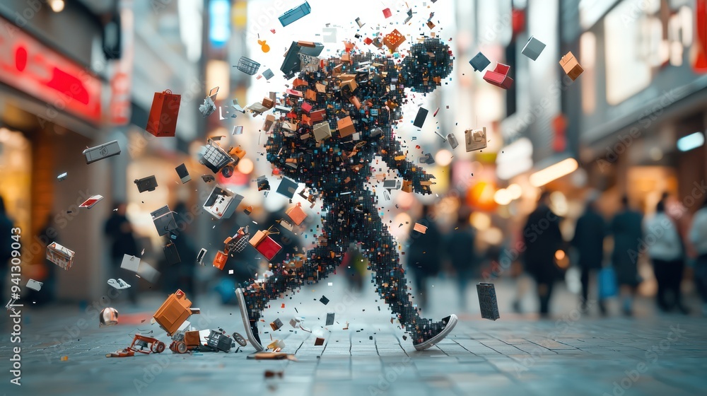 Poster digitization of shopping experience: human figure transforming into pixels in a surreal marketplace 
