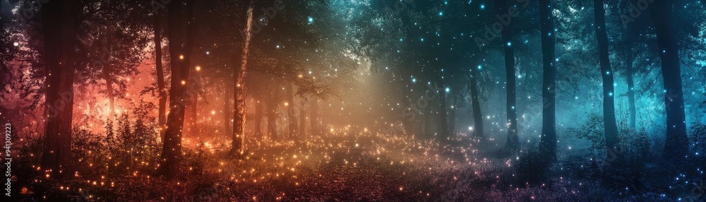Poster a mesmerizing forest scene illuminated by vibrant lights, creating a magical atmosphere filled with 
