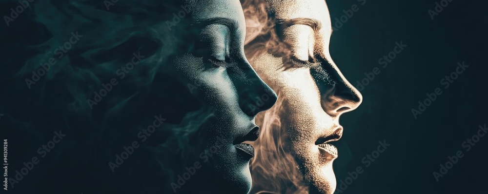 Poster artistic profile view of two faces merged with creative smoke effects, symbolizing duality and trans