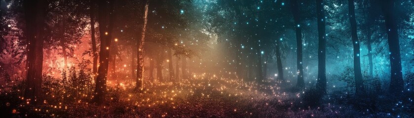 A mesmerizing forest scene illuminated by vibrant lights, creating a magical atmosphere filled with wonder and enchantment.