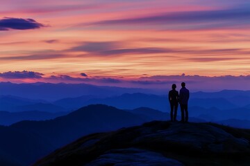 Obraz premium Silhouette of Couple Watching Colorful Sunset Over Mountain Range