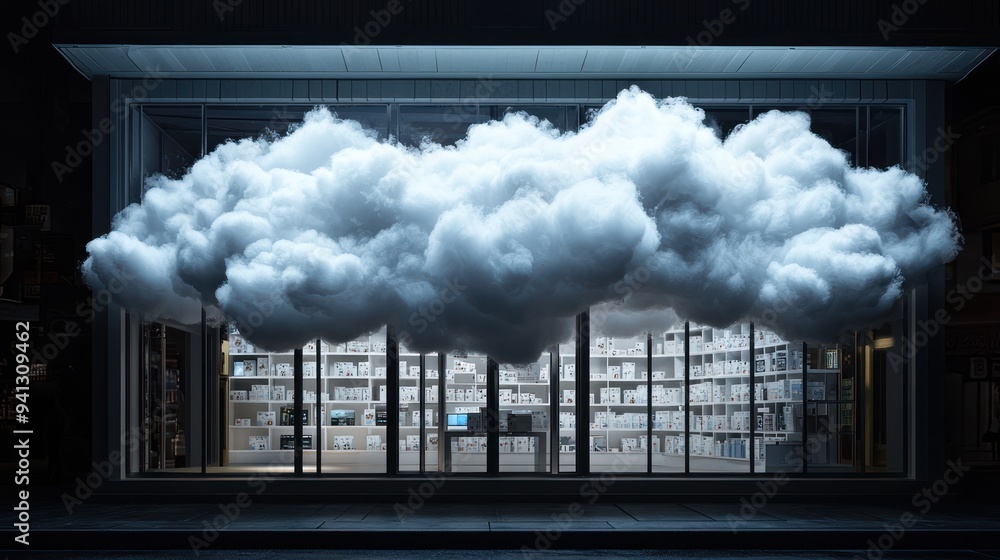 Poster e-commerce evolution: surreal storefront with shifting product images and currency clouds, generativ