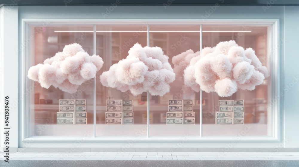 Poster digital dreams: surreal e-commerce storefront with shifting product images and currency clouds, gene